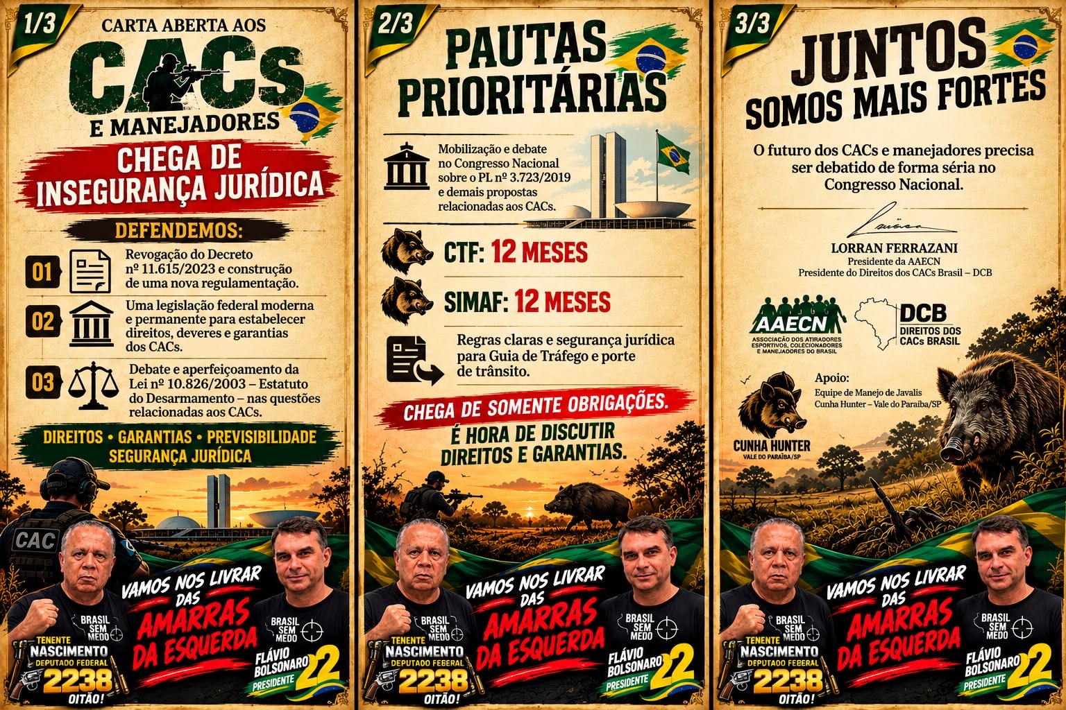 Série de três artes da carta aberta aos CACs e manejadores: chega de insegurança jurídica, pautas prioritárias e juntos somos mais fortes, com Tenente Nascimento 2238 e Flávio Bolsonaro 22 Presidente